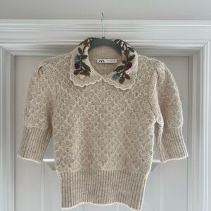 Zara Wool Cream Sweater With Embroidered Collar